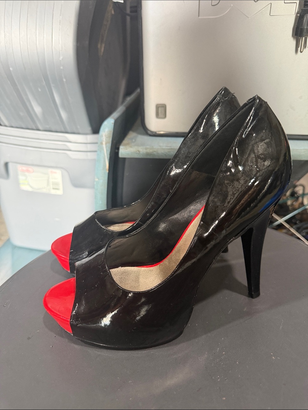 Jessica Simpson Black Patent Peep-Toe Heels with Red Toe